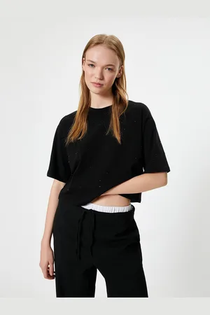 Koton Women Round Neck Embellished Crop T-shirt