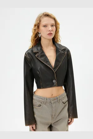 Koton Women Lapel Collar Solid Casual Biker Jacket