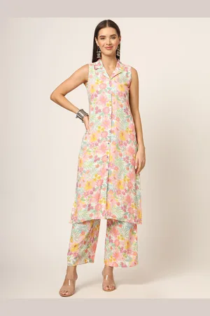 Divena World Floral Printed Lapel Collar Sleeveless Straight Kurta With Trouser
