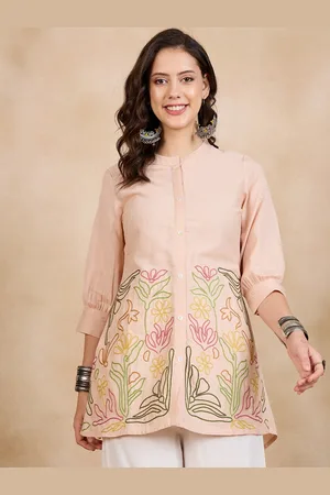 Anouk Beige Mandarin Collar Embroidered Cotton Tunic