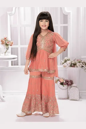 Tiny Kingdom Girls Floral Embroidered V-Neck Empire A-Line Kurti With Sharara & Dupatta