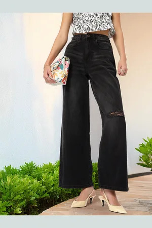 DressBerry Women Everyday Effortlessness Slash Knee Baggy Wide Leg Jeans