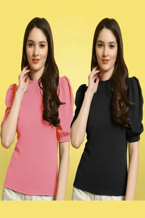 Metronaut Women Pack Of 2 Solid Sweetheart Neck Short Sleeves Puff Sleeves Crop Tops