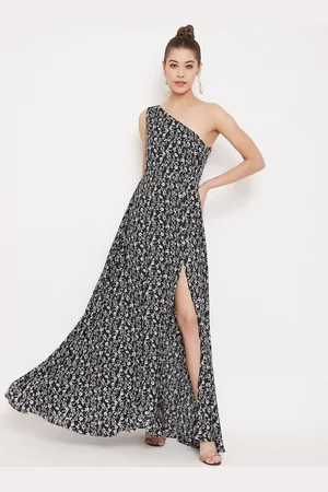 Berrylush Women Black and White Floral Print One Shoulder Maxi Dress