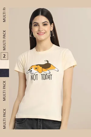 Fabflee Women Pack of 2 Beige & Black Printed Cotton T-shirt