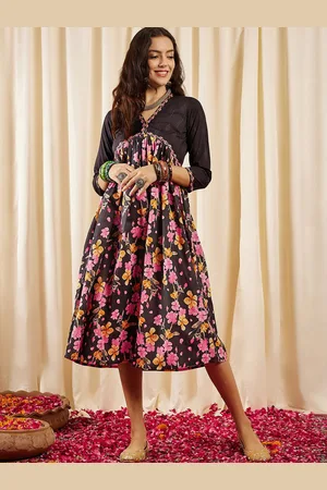 Inddus Women Floral Printed Pure Cotton A-line Midi Dress