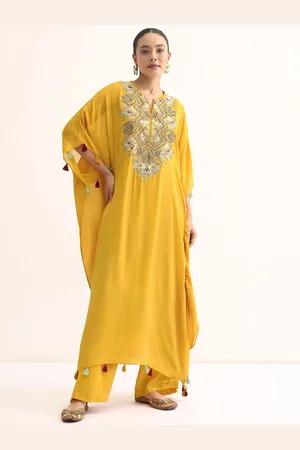 KALKI Fashion Floral Yoke Design Flared Sleeves Sequinned Kaftan Kurta with Trousers
