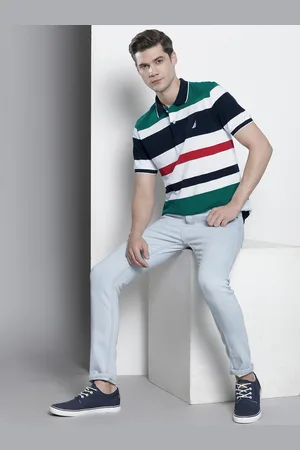 Nautica Men Pure Cotton Striped Polo Collar T-shirt
