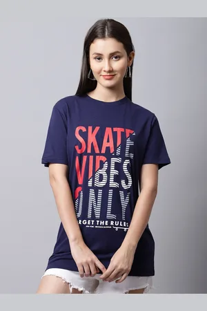 DOOR74 Women Navy Blue Typography Printed Cotton T-shirt