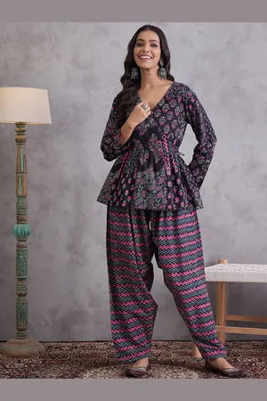 Sangria Floral Printed Pure Cotton V Neck Top With Trousers
