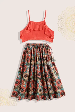 Biba Girls Orange & Green Ready to Wear Lehenga & Blouse