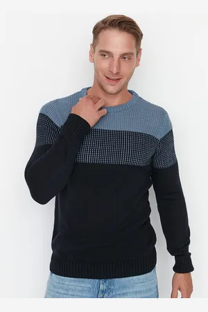 Trendyol Men Blue & Black Colourblocked Pullover Acrylic Sweater
