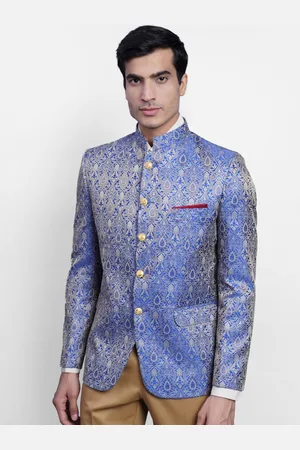 Wintage Men Blue & Grey Printed Regular-Fit Bandhgala Blazer