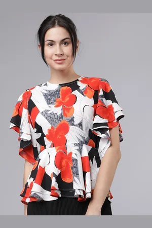 Tokyo Talkies Women White & Orange Printed Peplum Top