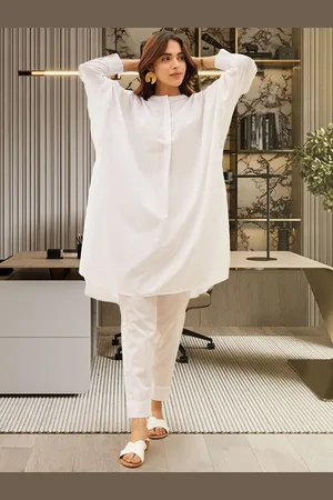 Ambraee Round Neck Pure Cotton Kaftan Kurta With Trousers