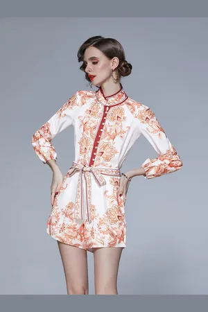 JC Collection Women White & Orange Printed Shirt with Short Co-Ords Set