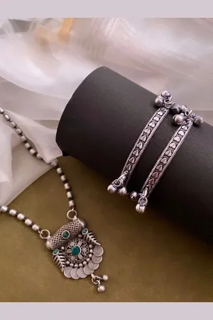 ATIBELLE German Silver-Plated Stone-Studded Floral Shaped Bangle & Necklace