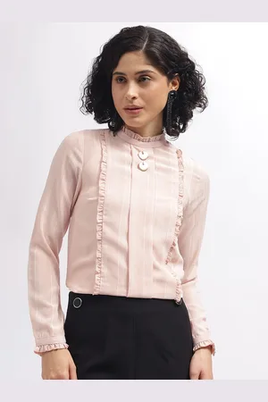 CENTRESTAGE Striped Mandarin Collar Ruffle Neck Full Sleeves Top