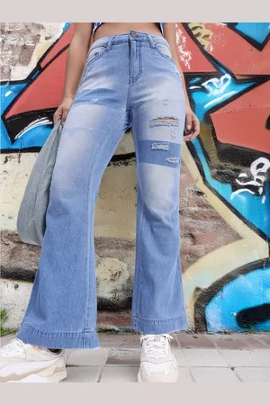 DressBerry Women Vintage Flair Mildly Ripped Heavy Fade Pure Cotton Flared Jeans