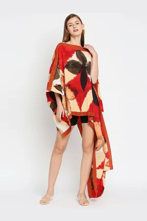 Cloth Haus India Women Beige & Red Floral Print Pleated Poncho