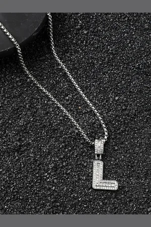 French Accent Silver-Plated L Alphabet-Shaped Stones-Studded Pendant With Chain