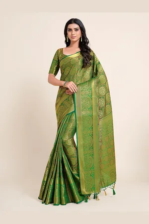Mimosa Green & Gold-Toned Ethnic Motifs Zari Art Silk Kanjeevaram Saree