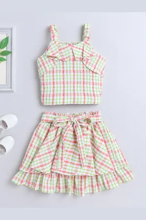 The Magic Wand Girls Checked Shoulder Straps Top with Skirt