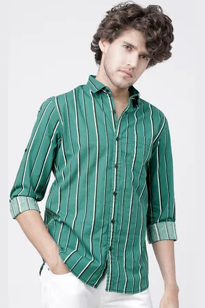 LocoMotive Men Green Slim Fit Striped Cotton Casual Shirt