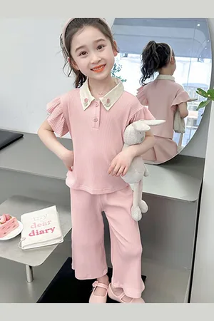 LULU & SKY Girls Shirt Collar Striped T-Shirt with Trousers