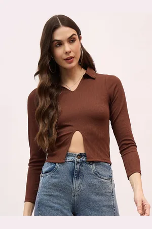 Mayra Women Shirt Collar Long Sleeve fitted Crop Top