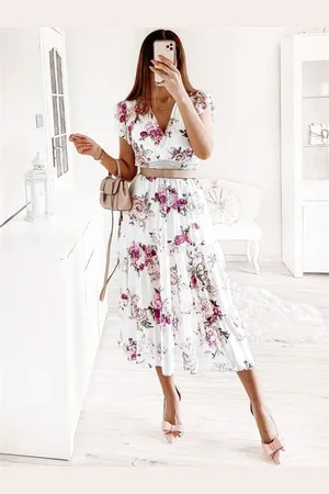 DressBerry Floral Print Bell Sleeve Fit & Flare Midi Dress