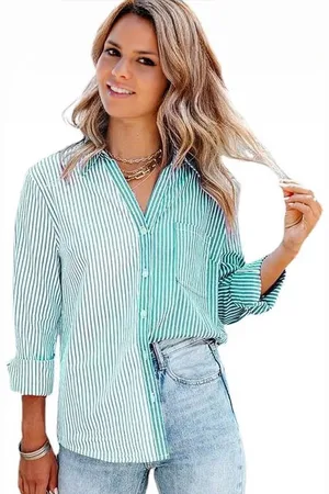 Stylecast Women Spread Collar Vertical Striped Casual Shirt