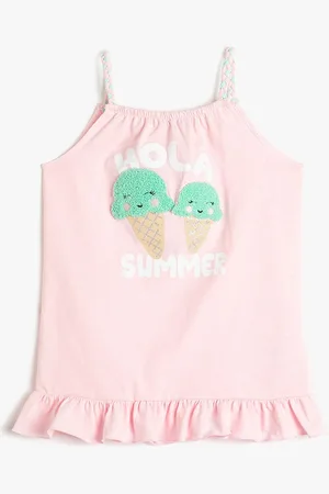 Koton Infant Graphic Printed Shoulder Strap Sleeveless Gathered Pure Cotton A-Line Dress