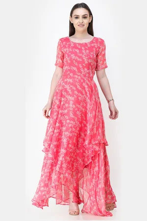 Cation Pink Floral Printed Round Neck Chiffon Maxi Dress