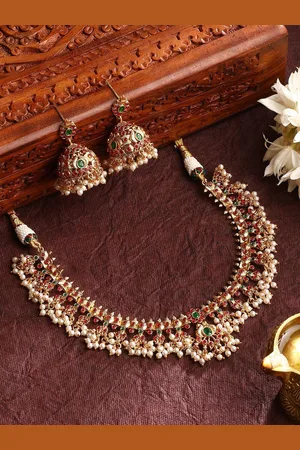 Priyaasi Gold-Plated Stone Studded & Beaded Necklace and Earrings