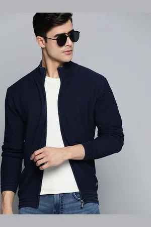 Indian Terrain Men Navy Blue Textured Pure Cotton Regular Fit Cardigan