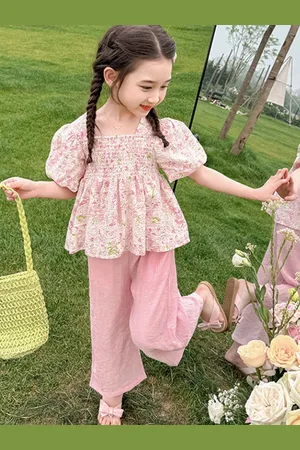 LULU & SKY Girls Floral Printed Square Neck Top With Trousers