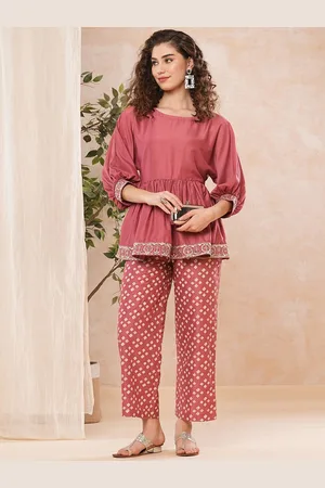 Globus Round Neck Peplum Tunic With Printed Trousers Co-Ords