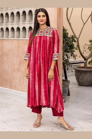Ambraee Striped Printed Regular A-Line Kurta with Trouser