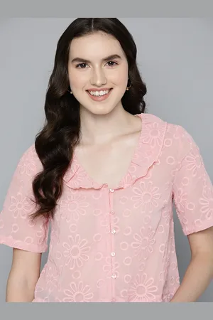 Mast & Harbour Peach-Coloured Floral Ruffles Shirt Style Top