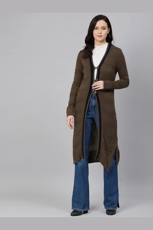 Cayman Women Olive Green Self-Design Acrylic Longline Front-Open Sweater