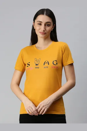 BRATMA Women Mustard Yellow & Black Typography Printed T-shirt