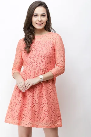 Cation Women Orange Self Design Fit and Flare Dress