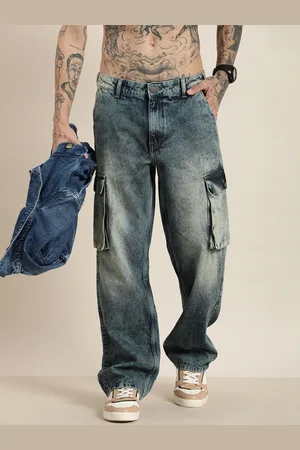 HERE&NOW Men Relaxed Cargo Pure Cotton Heavy Fade Jeans