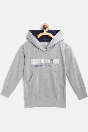 Chimprala Kids Grey Melange Pure Cotton Printed Hooded Sweatshirt