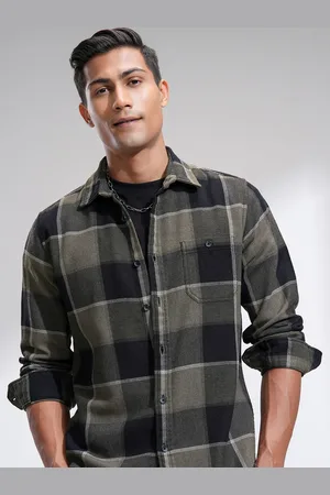Highlander Men Gold Textured Flannel Casual Checked Shirt
