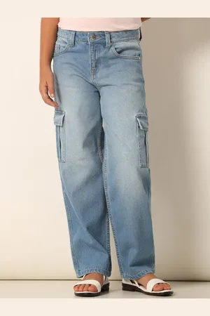 VERO MODA Girls Wide Leg Clean Look Light Fade Pure Cotton Whiskers Cargo Jeans