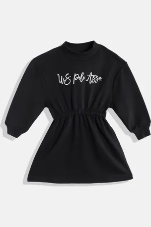 Ralph Lauren U S Polo Assn Kids Girls Brand Logo Printed Cotton Gathered Detail Waisted A-Line Dress
