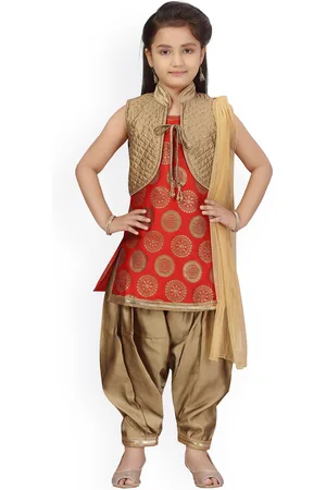 BAESD Girls Ethnic Motifs Printed Pure Silk Kurti with Patiala, Dupatta & Jacket