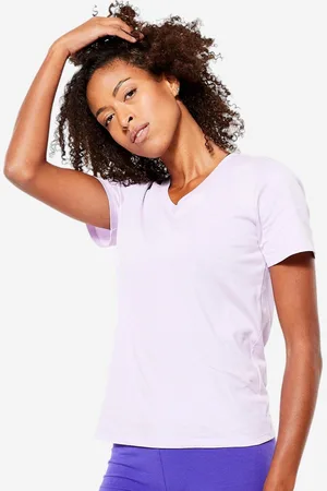 DECATHLON Women Solid V-Neck Cotton T-shirt